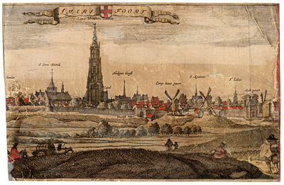 200011 Profiel van Amersfoort uit het zuidwesten met van links naar rechts de Doelen, de St.-Joriskerk, de toren van de ...